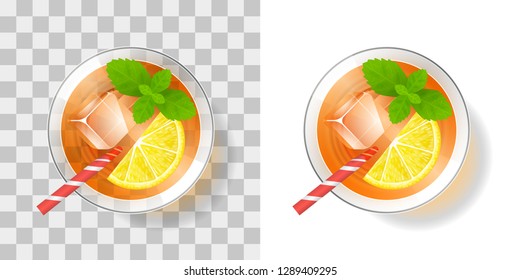 Vector illustration. Cocktail in a glass with ice on a transparent background. Top view. A glass of drink and ice.