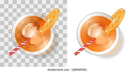 Vector illustration. Cocktail in a glass with ice on a transparent background. Top view. A glass of drink and ice.