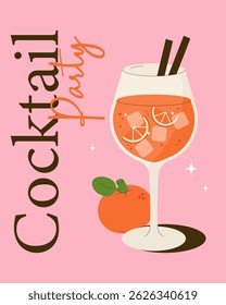 Vector illustration of cocktail glass with orange drink, ice cubes, citrus slices, and whole fruit on pink background. Fun and elegant party design with vertical text layout.