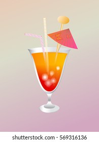 Vector illustration - cocktail glass with straws and cocktail parasol