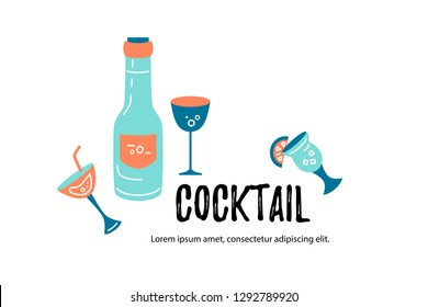 Vector illustration with cocktail glasses and bottle. Template for bar menu, party, alcohol drinks, holidays, flyer, web, poster, banner. Line style vector illustration