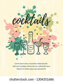 Vector illustration with cocktail glasses, bottle and paint splashes. Template for bar menu, party, alcohol drinks, holidays, flyer, web, poster, banner.
