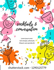 Vector illustration with cocktail glasses and paint splashes. Template for bar menu, party, alcohol drinks, holidays, flyer, brochure, poster, banner.