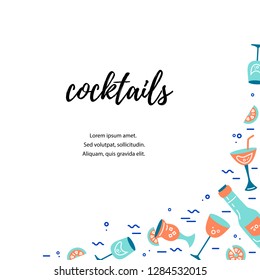Vector illustration with cocktail glasses. Template for bar menu, party, alcohol drinks, holidays, flyer, brochure, poster, banner. Flat style vector illustration.