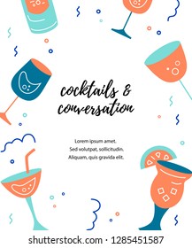 Vector illustration with cocktail glasses. Template for bar menu, party, alcohol drinks, holidays, flyer, brochure, poster, banner. Flat and outline style.