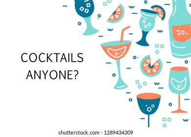 Vector illustration with cocktail glasses. Template for bar menu, party, alcohol drinks, holidays, flyer, brochure, poster, banner. Flat style vector illustration.