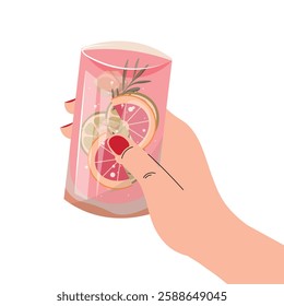 Vector illustration. Cocktail in hand, design element, white background, isolated vector. Modern design.