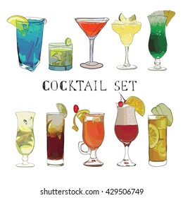 Vector illustration of Cocktail hand drawn, decorative icons set with margarita mojito bloody Mary isolated. Watercolor effects