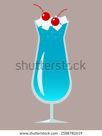Vector illustration of a cocktail with ice and cherries. Flat icon of a cold summer drink. Fresh beverage in a high glass