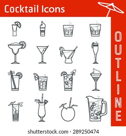 Vector Illustration of Cocktail Icon Outline for Design, Website, Background, Banner. Bar Element for Menu or Infographic Template. B-52, bloody Mary,  Pina colada, kir, Long Island