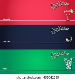 Vector Illustration of Cocktail Icon Outline for Design, Website, Background, Banner. Bar Element for Menu or Infographic Template. Margarita, Cuba Libre, Mojito