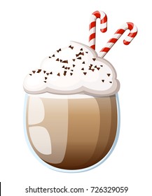 Vector illustration of Cocktail Irish Coffee mug of hot latte drink with creamy foam, cocktail of layered cappuccino coffee with liquor, logo with brown title - irish coffee, glass cup of espresso.