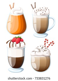 Vector illustration of Cocktail Irish Coffee mug of hot latte drink with creamy foam, cocktail of layered cappuccino coffee with liquor, logo with brown title irish coffee, glass cup of espresso.