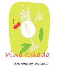Vector Illustration of cocktail with leafs, pineapple and cherry on green background.