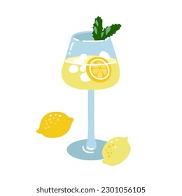 Vektorgrafik von Cocktail-Limoncello-Spritz mit Zitronenscheiben, Minzeblätter im Cartoon-Stil