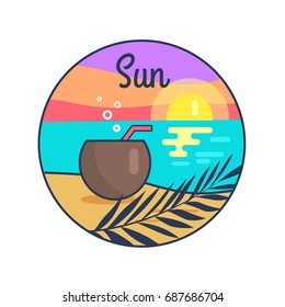 Vector illustration of cocktail lying in sand with Sun setting in sea against the background of colourful sky. Circle banner depicting seaside.