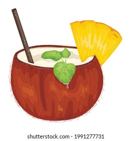 Vektorgrafik eines Cocktails aus einer halben gebrochenen Kokosnuss. Kokoswasser oder Milch mit Stroh, minzigen Blättern und Ananas-Scheiben. Sommer erfrischende Getränke Ikone für Strand oder Bar.