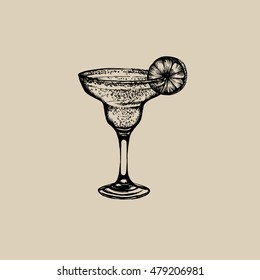 Vector illustration of cocktail margarita. Hand drawn sketch of margarita with slice of lime.Bar menu design. Cocktail party icon.   Template for business card poster and banner