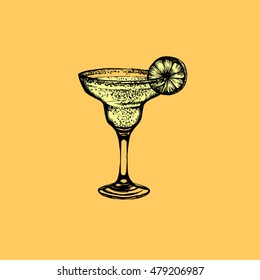 Vector illustration of cocktail margarita. Hand drawn sketch of margarita with slice of lime.Bar menu design. Cocktail party icon.   Template for business card poster and banner