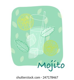 Vector Illustration of cocktail with mint, limes and ice on green background