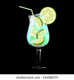 Vector illustration. Cocktail Mojito with ice on black background.