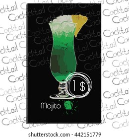 Vector illustration of Cocktail Mojito with price on chalk board. Template elements for cocktail menu. Hand drawn drink for cocktail bar