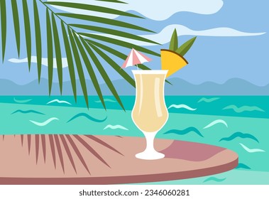 Vector illustration - a cocktail on a table against the background of a sea landscape.