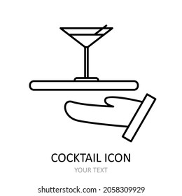 Ilustración vectorial con cóctel en una bandeja. Icono de esquema.