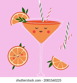 Vector illustration with a cocktail, orange slices, stripped tubes and mint