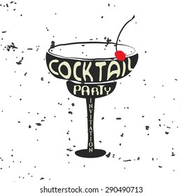 Vector Illustration of Cocktail Party Lettering for Design, Website, Background, Banner. vintage Hand Draw Element for Menu Template. Margarita glass typography