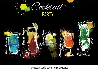 Vector illustration of Cocktail Party set . Template for cocktail menu. Alcohol, Summer drinks. Spray, spot and melted drips with watercolor effect.