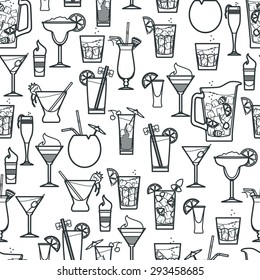 Vector Illustration of Cocktail Seamless Pattern Outline for Design, Website, Background, Banner. Bar Element for Menu or Infographic Template. B-52, bloody Mary,  Pina colada, kir, Long Island