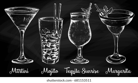 Vector illustration of Cocktail Set Chalkboard Sketch Style