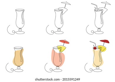Vector illustration of a cocktail. Set of glasses of pina colada cocktail.