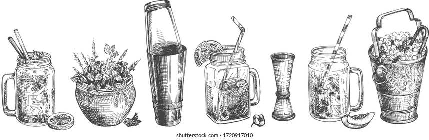 Vector illustration of a cocktail set. Mojito, Moscow mule, tropical and fresh cocktails, ice bucket, boston shaker, pot with mint. Vintage hand drawn engraving style.