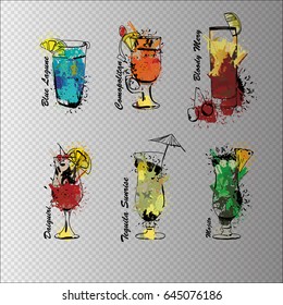 Vector illustration of Cocktail set on transparent background. Template for cocktail menu. Alcohol, Summer drinks. Spray, spot watercolor effect.