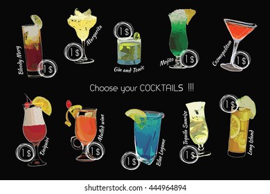 Vector illustration of Cocktail set with price on chalk board. Template cocktail menu. Summer drinks