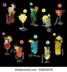 Vector illustration of Cocktail set with price. Template for cocktail menu. Alcohol, Summer drinks. Spray, spot watercolor effect.