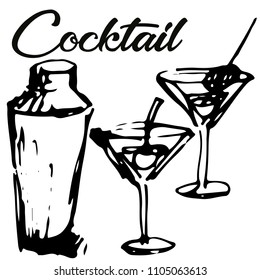 Vector illustration of cocktail shaker and martini glasses with lettering sketched in black ink