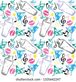 Vector illustration of cocktail shaker and martini glasses pattern in blue, pink and black ink