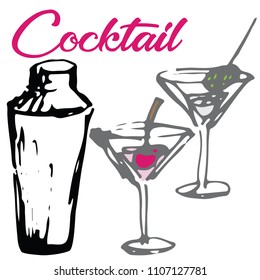 Vector illustration of cocktail shaker and martini glasses with lettering sketched