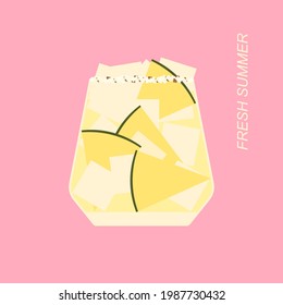 Vector illustration of cocktail in short glass with ice cubes and pineapple slices. Summer cooling cocktail on the pink background. Picture with soft or alcoholic drink.