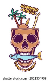 Vector illustration of a cocktail skull and summer island with fish, For t-shirts, stickers and other similar products.