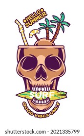 Vector illustration of a cocktail skull and summer island with surfboard, For t-shirts, stickers and other similar products.