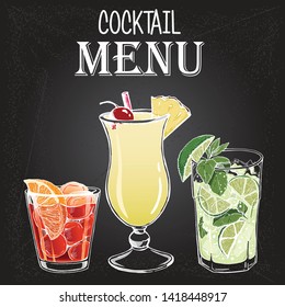 Vector illustration with cocktails for bartender menu. Retro hand drawn style. Outline illustration alcohol drink