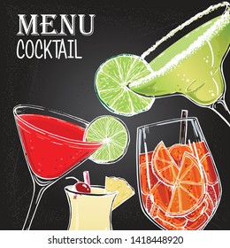 Vector illustration with cocktails for bartender menu. Retro hand drawn style. Outline illustration alcohol drink