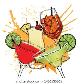 Vector illustration with cocktails for bartender menu. Retro hand drawn style. Outline illustration alcohol drink