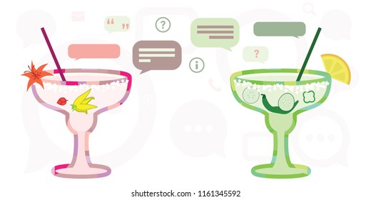 vector illustration of cocktails and chat boxes for relax and friendly talk in bar concept