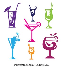 The vector illustration "Cocktails, drinks glasses vector icons set" for design