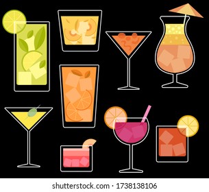 Vector illustration of cocktails glasses alcoholic drinks.